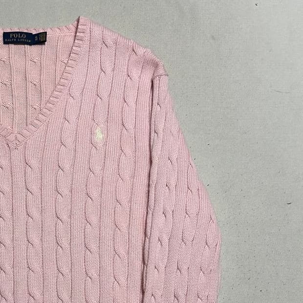 XL 폴로랄프로렌 여성용 핑크 브이넥 케이블 니트