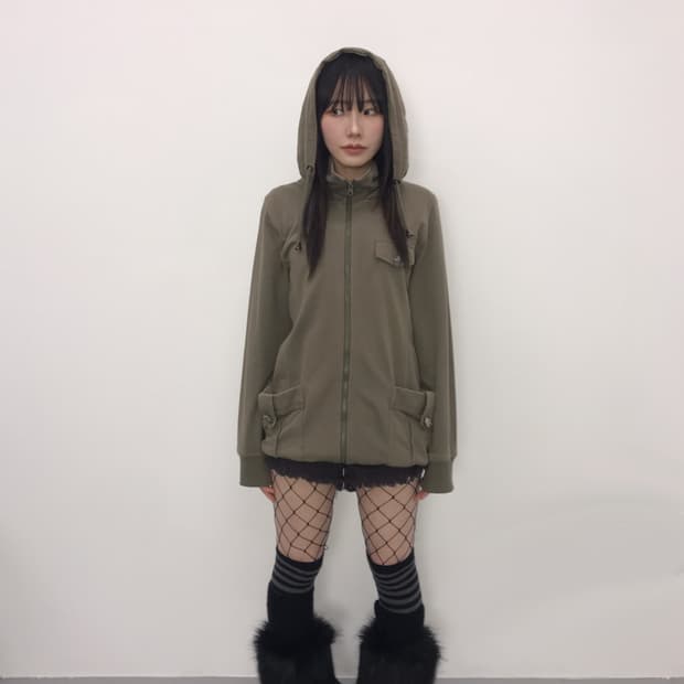 'Amourine' Khaki Y2k Utility Zip Up Hood