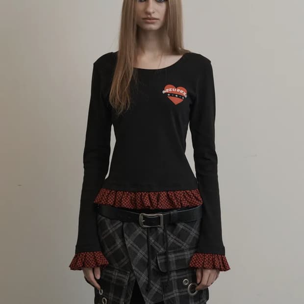 셋업이엑스이 CHECK FRILL TOP / BLACK