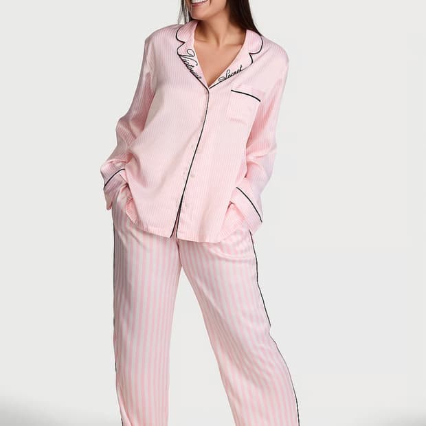 빅토리아 시크릿 핑크 스트라이프 시그니처 새틴 롱 파자마 잠옷 세트