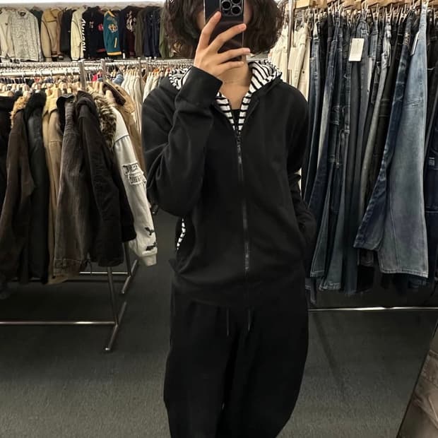 L)Comme Ca Ism 빈티지 스트라이프 레이어드 후드집업