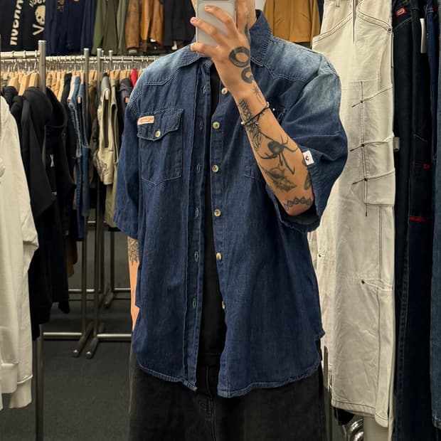 2XL) 트루릴리젼 빈티지 웨스턴 포인트 포켓 데님 반팔셔츠