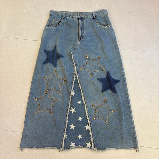 별 프린지 데님 롱스커트