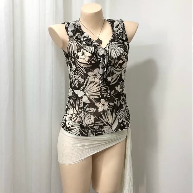 brown floral pattern draped frill sleeve