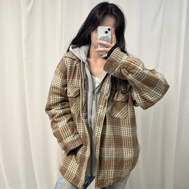 Moose Creek Beige Check Quilted Hoodie