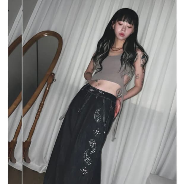 도즈코 페이즐리 논페이드 생지 와이드 데님 팬츠 인디고 블루