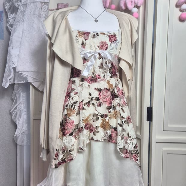 히메갸루 리즈리사깔 플라워 패턴 레이스 봄 코디 세트 원피스 모리걸