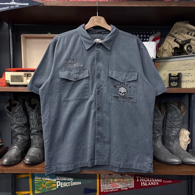 00s 할리데이비슨 윌리 G 스컬 엠브로이드 코튼 바이커 셔츠 N1186