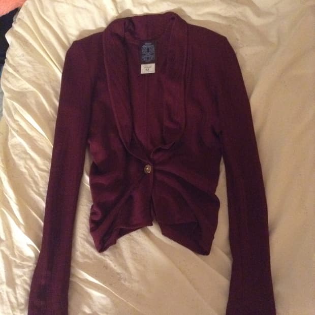 John Galliano burgundy ruched cardigan