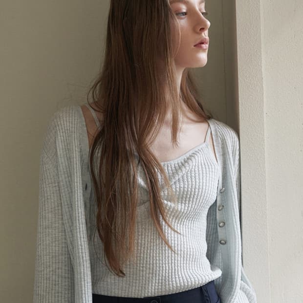 아티드 믹스 니트 가디건 셋업 - 블루