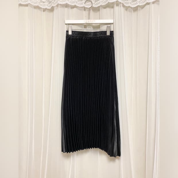 르샵 블랙 검정 아코디언 플리츠 주름 밴딩 롱 치마 스커트