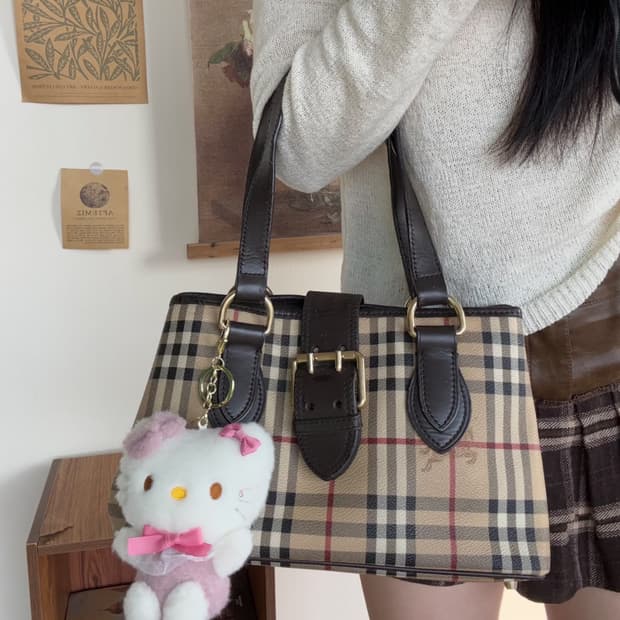 2000s Burberry 버버리 클래식 체크 레더 트리밍 토트백