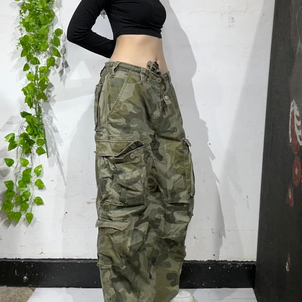 일본 빈티지 멀티 포켓 유틸리티 밀리터리 카모 카고 팬츠 와이드 바지 L