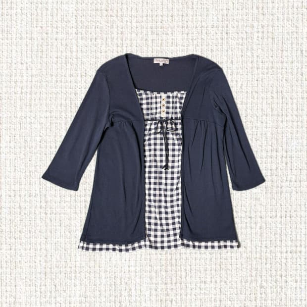 네이비 체크 레이어드 블라우스