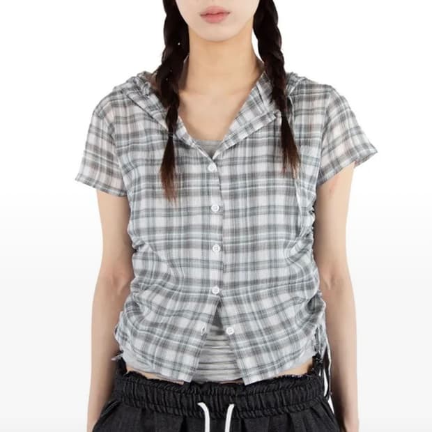 릿킴 반팔 체크후드셔츠 블루 CHECK HOOD SHIRT