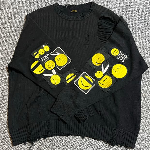 캐피탈 5G 코튼 니트 크루 스웨터 아나키 레인보위 리메이크 블랙