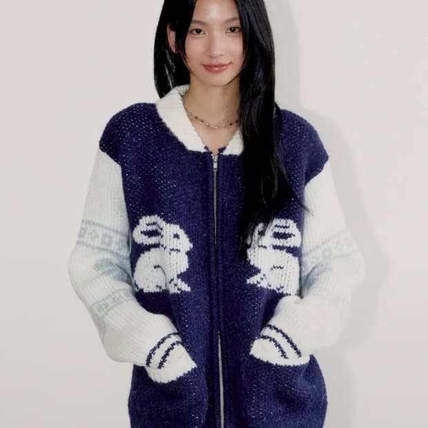 오피쉬 코위찬 니트 집업 가디건 네이비