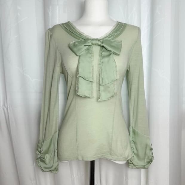 일본빈티지 베이비그린 리본 블라우스
