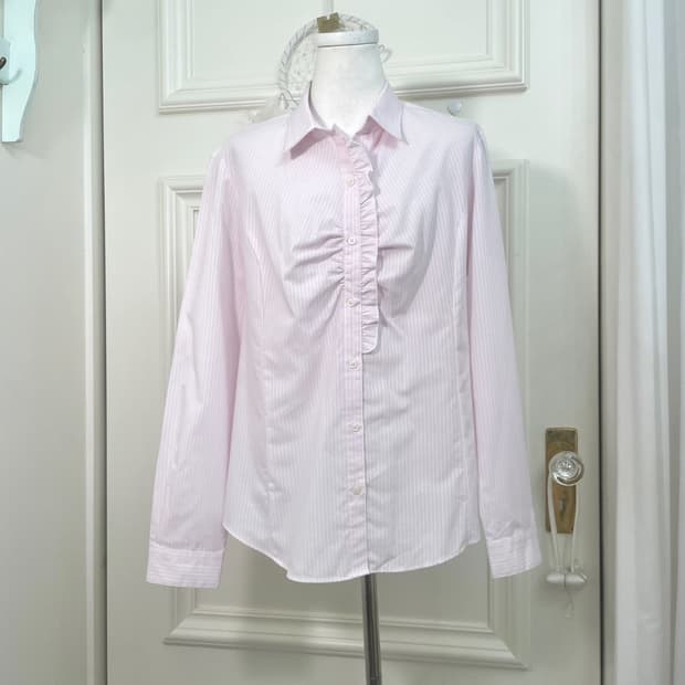 pink stripe ruffle shirring blouse
