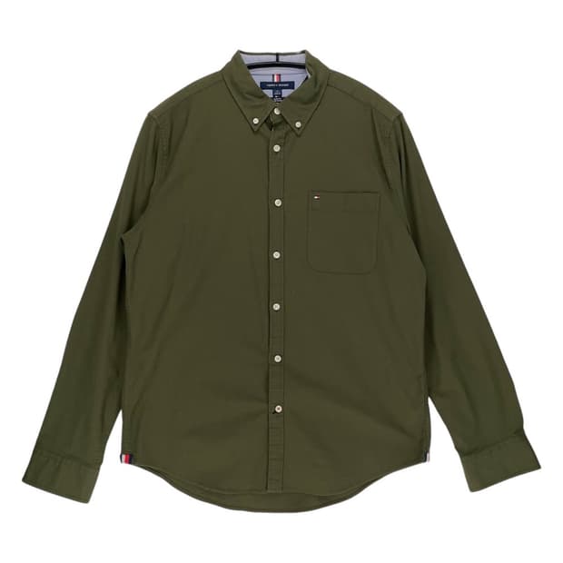 타미힐피거 Tommy Hilfiger 자수 로고 슬림핏 포켓 셔츠 카키