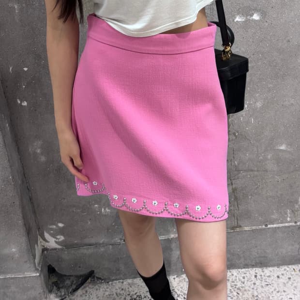 Miu Miu 미우미우 핑크 자수 미니 울 스커트