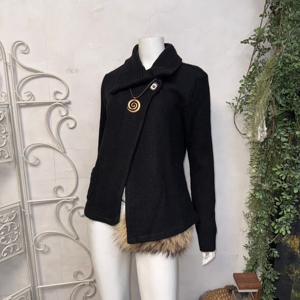 Black wool knit button wrap jacket