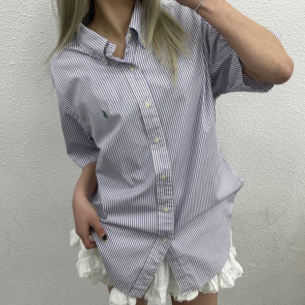 폴로 랄프로렌 말차맛포니 세로 퍼플 단가라 반팔셔츠 XL