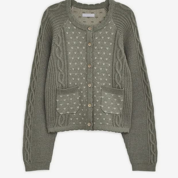 허그유어스킨 빈티지 러플 니트 가디건 카키