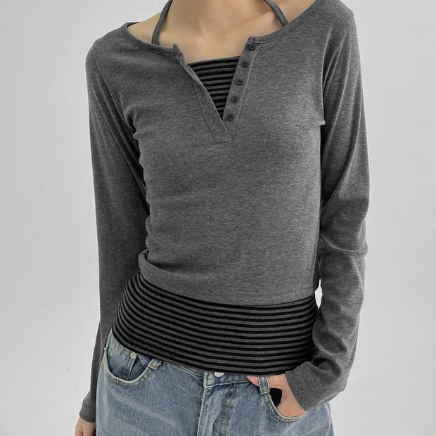 블랙업 비닝 레이어드 스트라이프 홀터 헨리넥 긴팔티