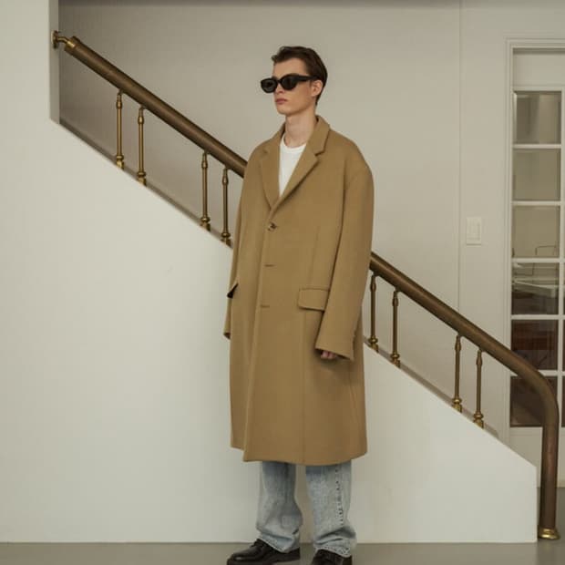 STU 3버튼 오버핏 핀턱 카멜 코트