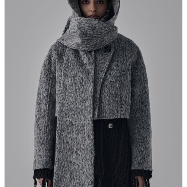 트리밍버드 헤어리 후드 머플러 코트