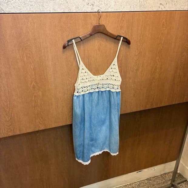 빈티지 슬리브리스 미니 원피스 크로셰 레이스 디테일 스카이 블루 k317