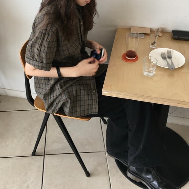 [L] 체크 린넨 반팔 셔츠