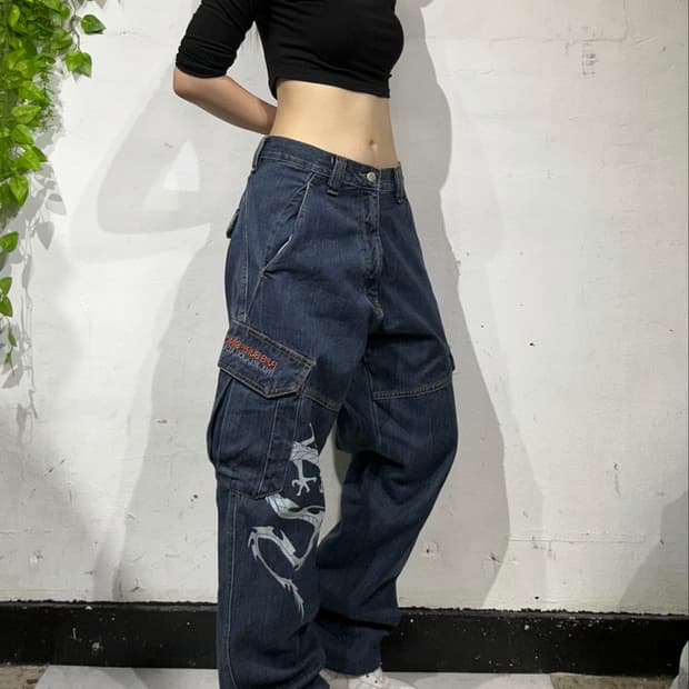 90s 일본 빈티지 용 프린팅 데님 카고 청바지 올드스쿨 힙합 팬츠 M 