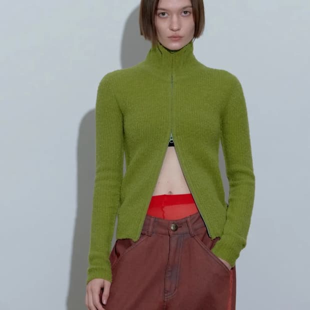 스컬프터 부클 니트 집업 아보카도