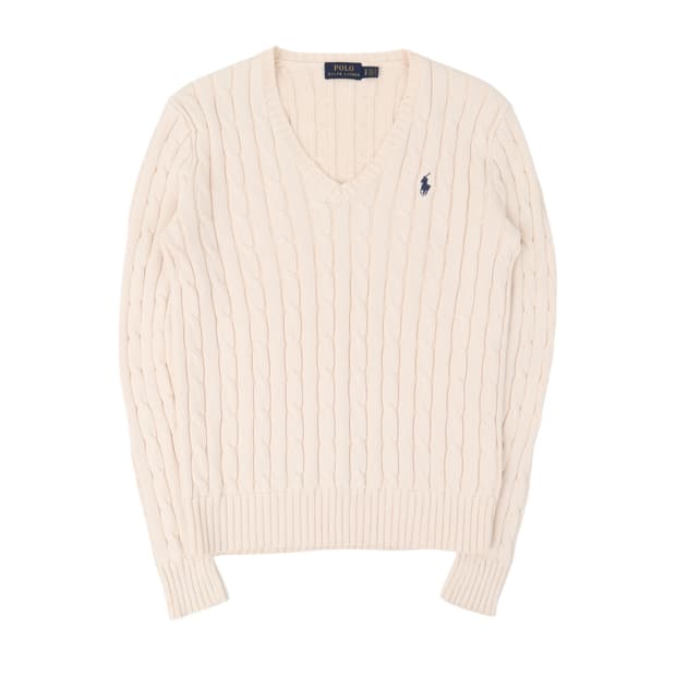 폴로 랄프로렌 아이보리 브이넥 코튼 케이블 니트