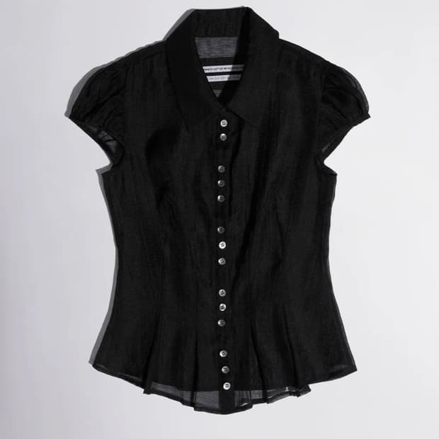 스컬프터 Sheer Pleated Hem Blouse Black
