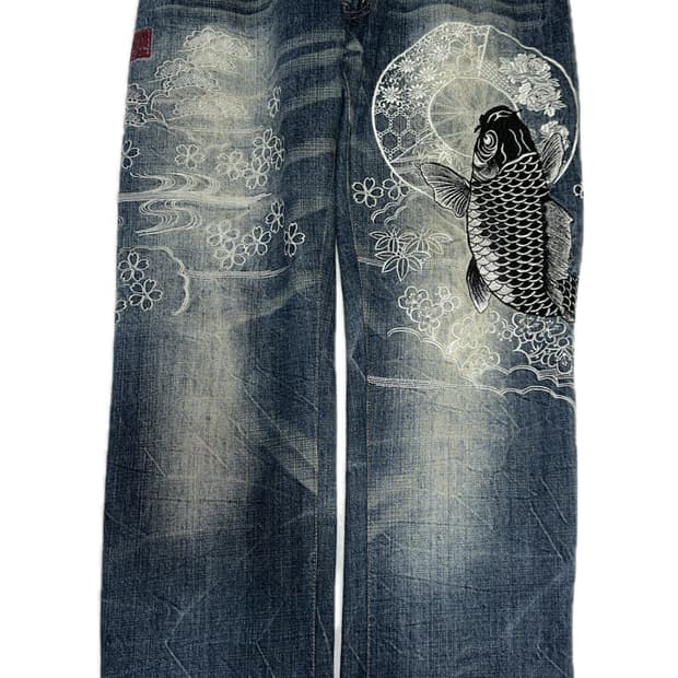 카라쿠리 타마시 - 잉어 자수 데님 진