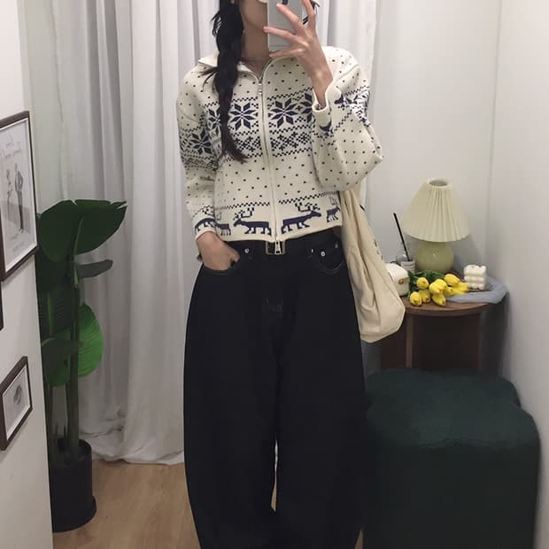 여성 빈티지 노르딕 크롭 니트집업 100