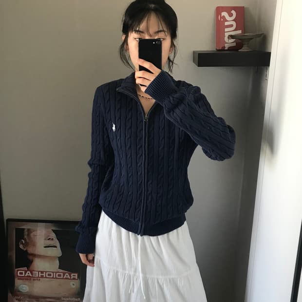 폴로 랄프로렌 포니로고 케이블 니트 풀 집업 네이비