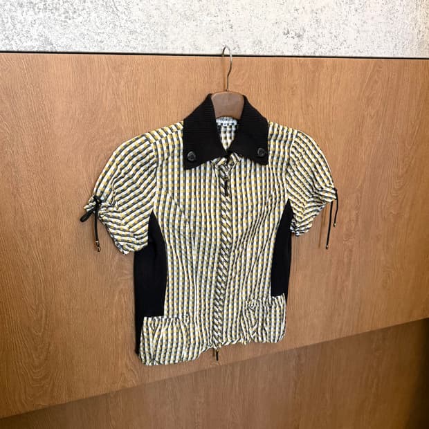 빈티지 반팔 카라 집업 깅엄 체크 패턴 드로우 스트링 디테일 옐로우 블랙