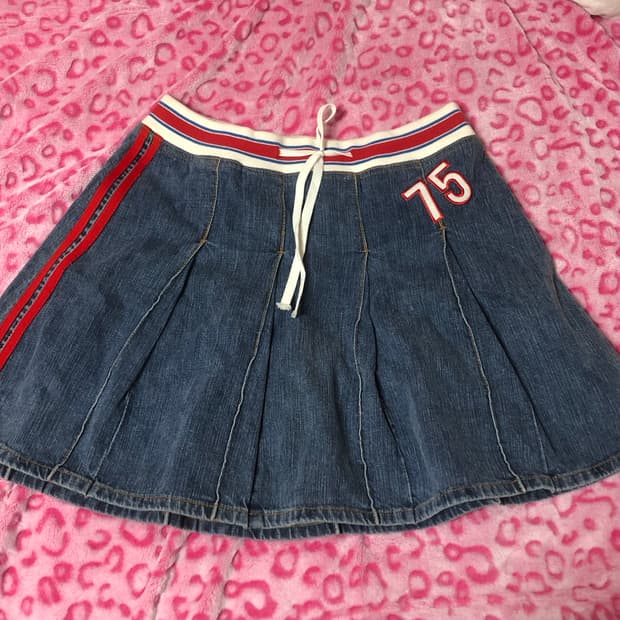 빈티지 플리츠 미디 데님 레드 포인트 스커트 치마