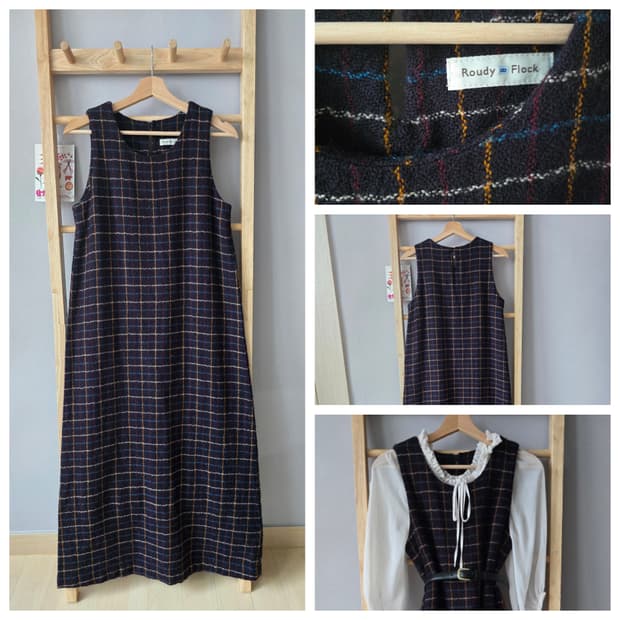 Roudy Flock Japan 울 체크 슬리브리스 롱원피스