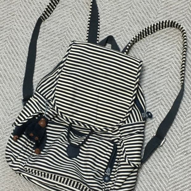 빈티지 키플링 네이비 스트라이프 백팩