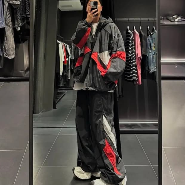 [50] 준지 트랙2 솔트 슈링크 나일론 립스탑 컬러 블록 상하의