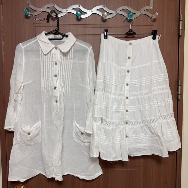 빈티지 모리걸 화이트 우드단추 셔츠 레이스 스커트 세트