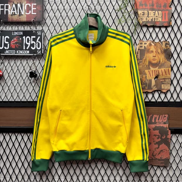 00s 아디다스 베켄바우어 트랙자켓 전면 레터링 로고 포인트 옐로 그린
