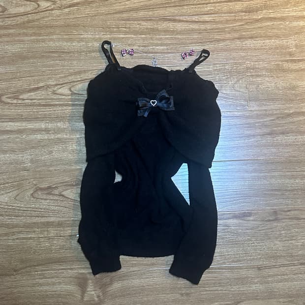 빈티지 블랙 리본 오프숄더 리본 호피 체인 니트 티셔츠 오네갸루 로걀