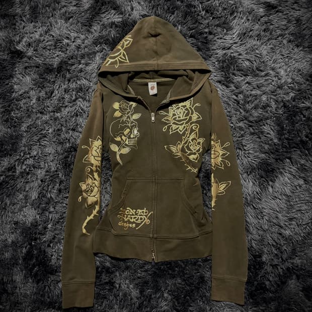 Ed Hardy 카키 올드스쿨 장미 프린팅 큐빅 디테일 후드집업