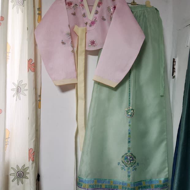 빈티지  핑크색 꽃무늬 한복 세트